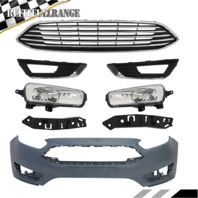 Complete Front Bumper Cover Upper Grille Set+Fog Light For 2015-2018 Ford Focus