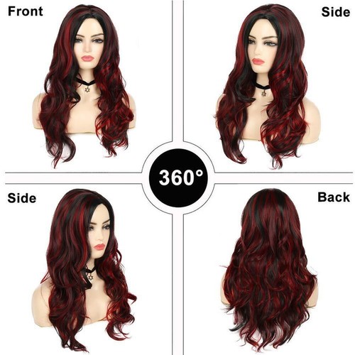 Black Red Wig for Women Long Wavy Wig Highlights Layered Silky Middle Part 2... - Picture 5 of 6