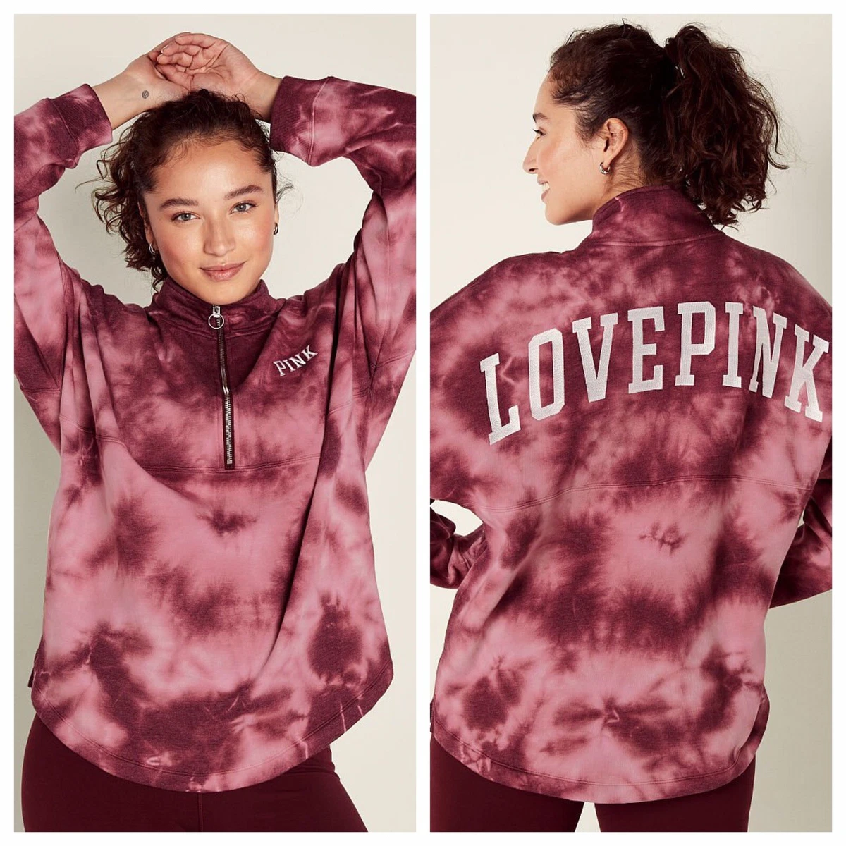 VS VICTORIAS SECRET PINK VARSITY HALF ZIP PULLOVER SWEATER JACKET TOP TIE DYE S