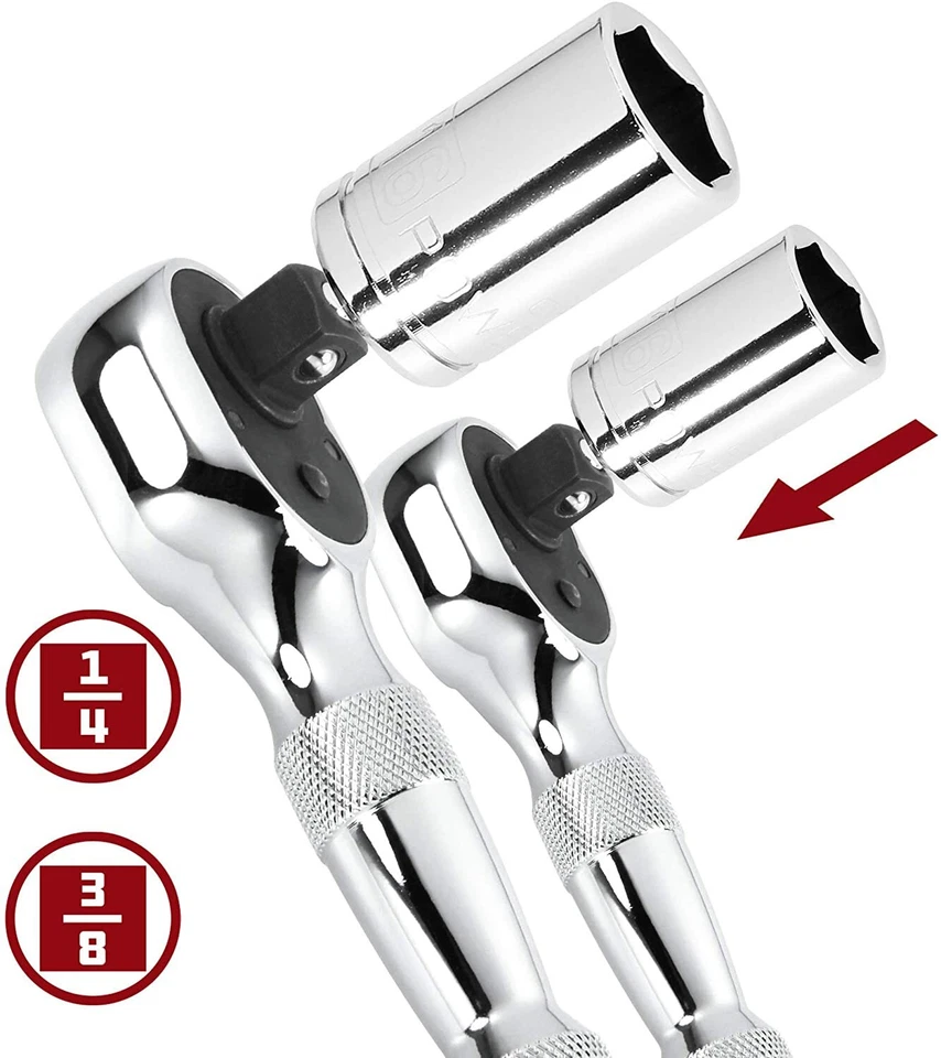 Juego de trinquete rechoncho Powerbuilt 640927 1/4 pulgadas y 3/8 pulgadas, 2 piezas, plateado Foto 2 de 4