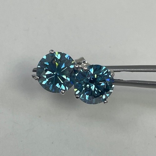 Lab Created Blue Diamond Round Stud Earring 14kt white gold 4.24ct IGI Certified - Picture 5 of 8