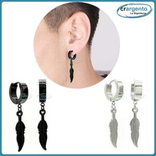 orecchini cerchio con piuma colore argento nero da uomo in acciaio inox pendente