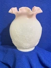 Fenton Art Glass Iridescent Opalescent Embossed Rose with Pink Pie Crust Ruffle