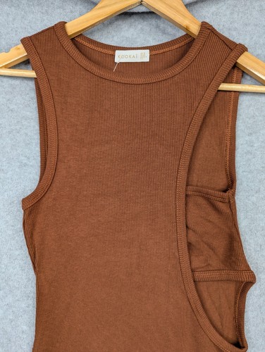 Kookai Dress Womens 12 Brown Ribbed Long Bodycon Sleeveless Cut Out Section New - Picture 5 of 17