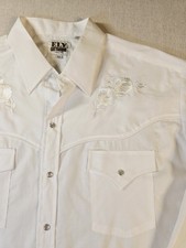 Ely Cattleman Pearl Snap Shirt Mens XL White Rose Embroidered Western Long Slv