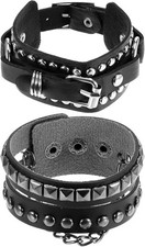 2 Pcs PU Leather Spike Bracelet for Men Women, 80s Vintage Punk Rock Bracelet Go