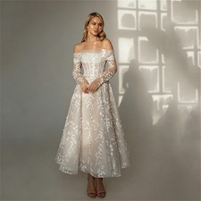Champagne Wedding Dresses Off Shoulder A Line Lace Sequinned Flowers Bridal Gown