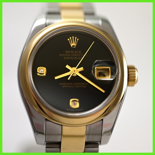 ROLEX 179173 DATEJUST 18K GOLD ONYX DIAL 2 TONE OYSTER BAND LADIES WATCH
