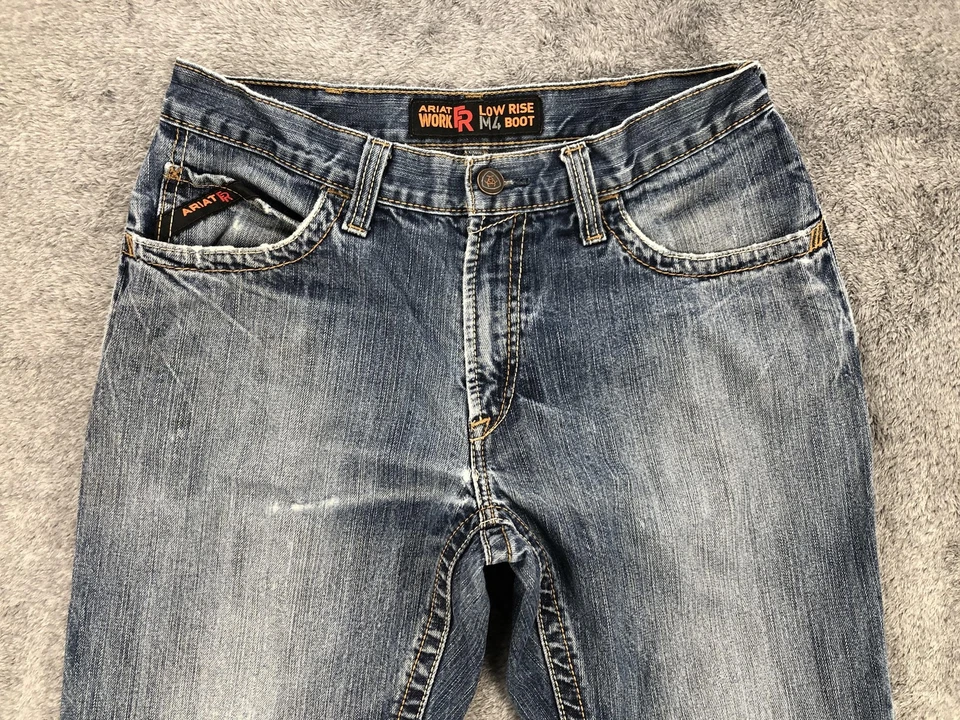 Ariat FR M4 Low Rise Boot Jeans Mens 33x36 Blue Distressed Flame Resistant Denim - Image 2 of 4