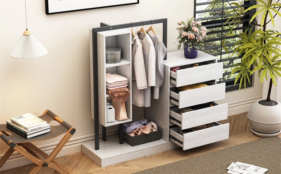 4 gavetas + 3 prateleiras suporte de armazenamento de roupas de madeira armário organizador guarda-roupa rack - Imagem 2 de 4