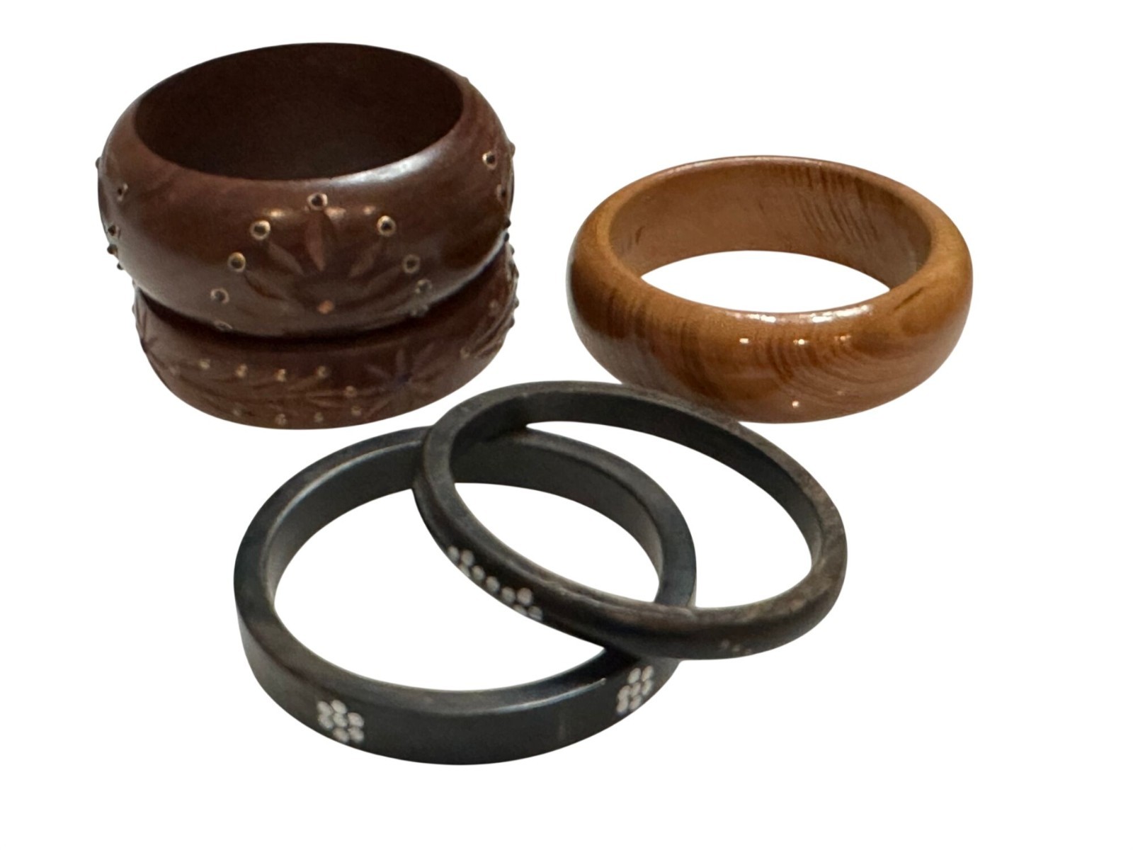 Vintage Wood Bangle Stacking Bracelets Lot Carved Floral Rhinestone Boho MOP