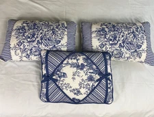 Floral French Toile style Pillows (3)  reversable blue rectangle accent cottage