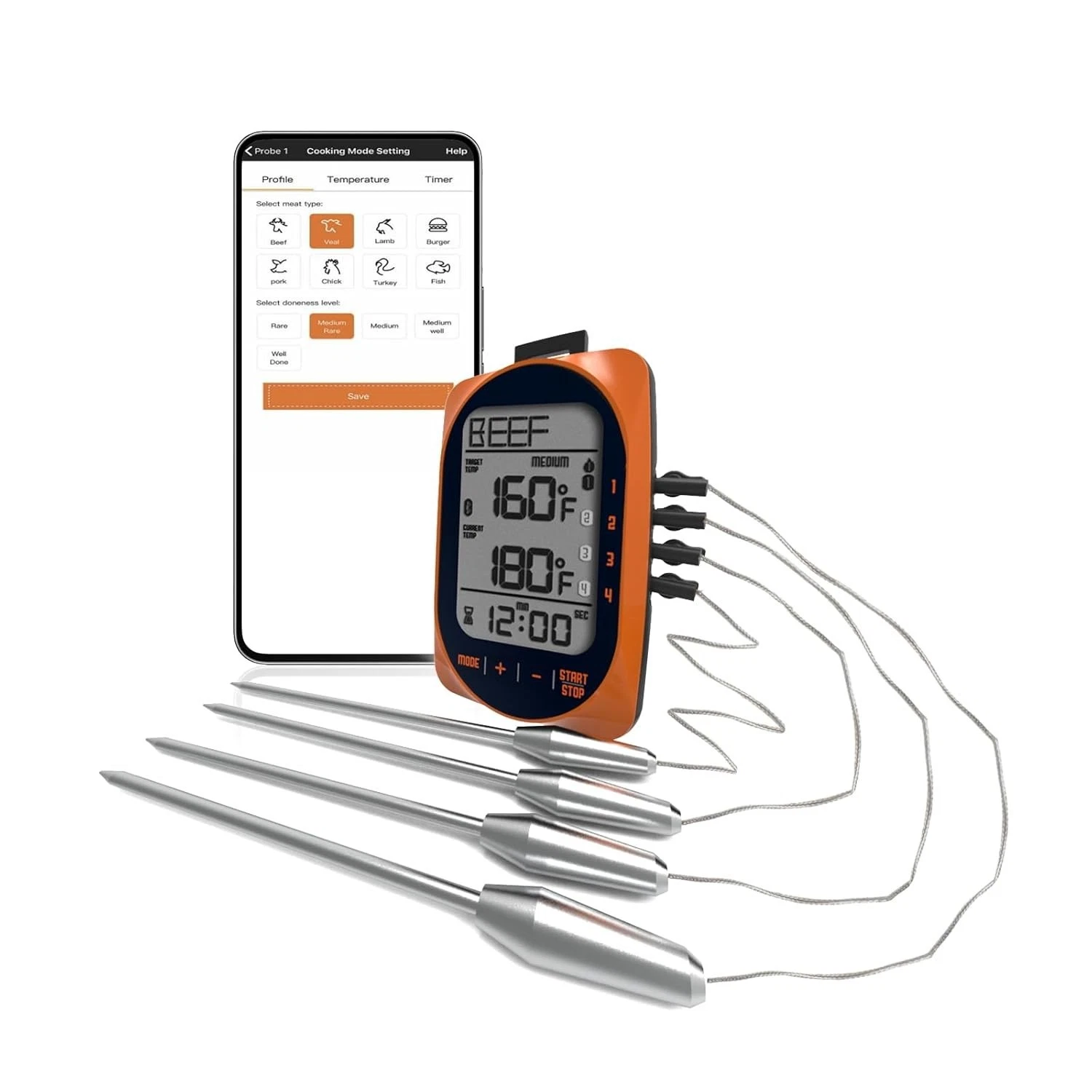 CHILEAF Smart Bluetooth Meat Thermometer Digital Instant BBQ Oven Smoker 4 Probe