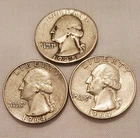 3-COIN LOT US 90% Silver WASHINGTON QUARTERS (1) 1945-P & (2) 1964-D Quarters
