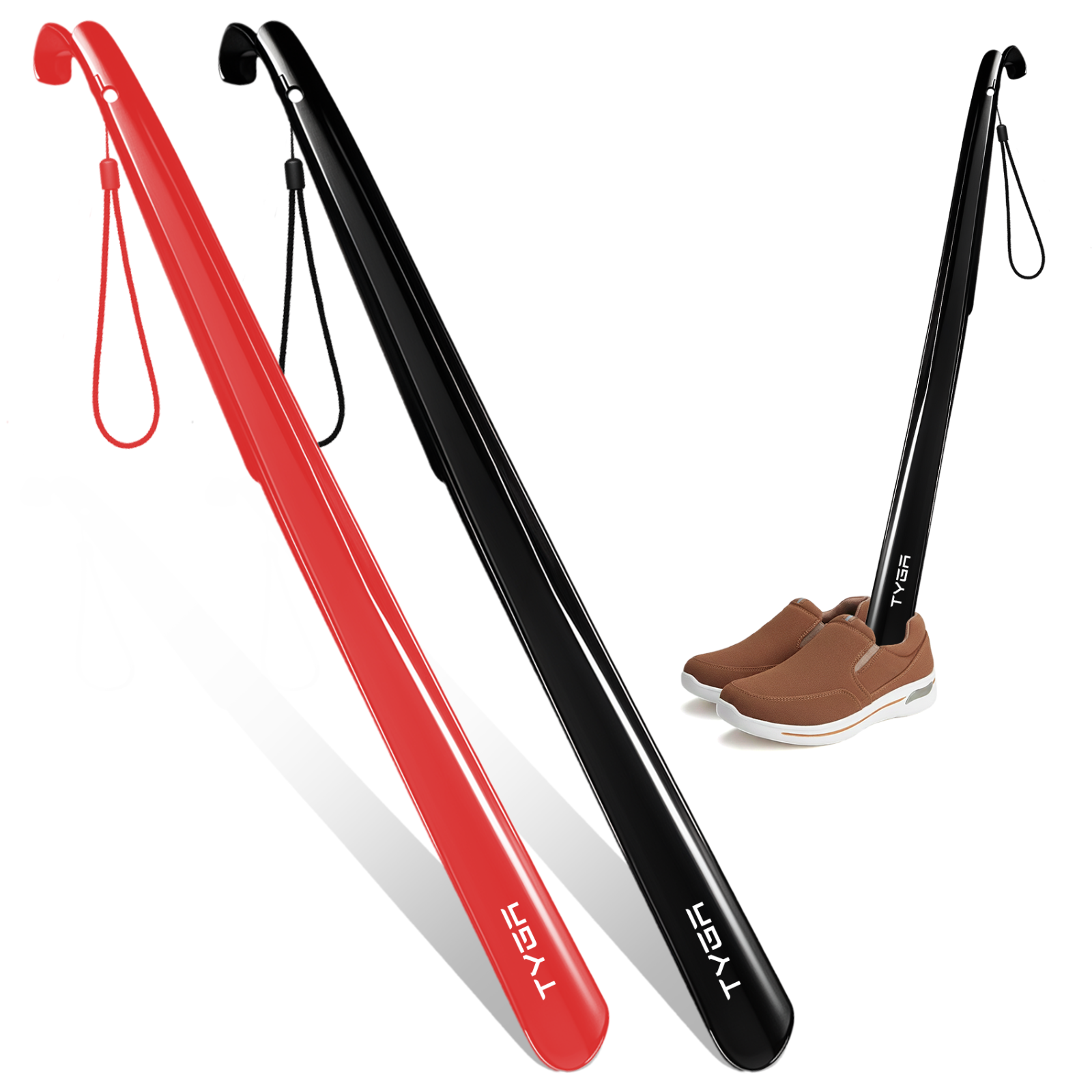 TYGA STORE Shoe Horn Extra Long Handled 23 inches, 58cm (Black 1 & Red 1) (2pk)