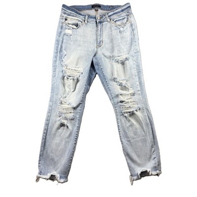 Judy Blue Women Boyfriend Fit Jeans Distressed Bleach Splash Raw Hem 14W H219