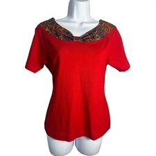 Vintage Jantzen Made in USA Red Knit Top Geometric Heart Print Scoop Neck Small
