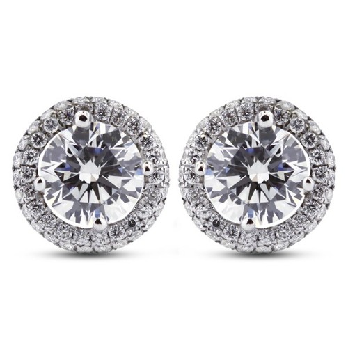 Pendientes con halo de diamantes de oro de 18k con certificación extraídos en tierra corte redondo F Si1 de 3 1/2 CTW - Imagen 4 de 5