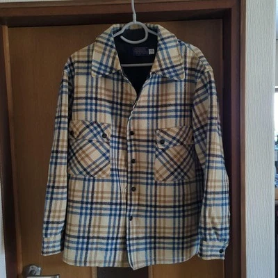 Pendleton Chemise Veste Laine Vierge Carreaux Taille L Beige & Bleu Long 71 - Photo 1/4