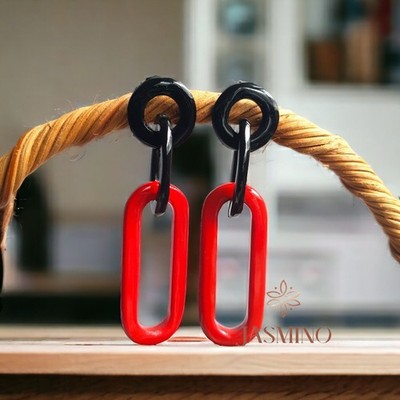 Rote Büffelhorn-Lack-Ohrringe, Vintage-Schmuck, charmantes einzigartiges...