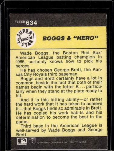 1986 Fleer #634 Boggs & "Hero" (Wade Boggs / George Brett) - Picture 2 of 2