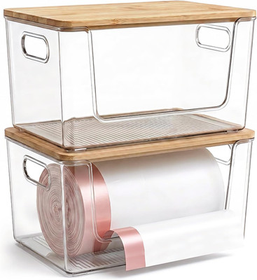 Trash Bag Holder 2 Pack, Stackable Garbage Bag Dispenser with Bamboo Lid, Large