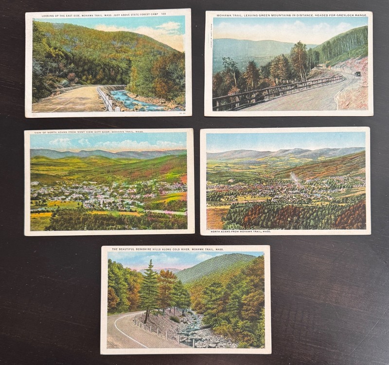 Lot 5 Vintage White Border Postcards 1930's 1 Cent Stamp Mowhawk Trail, Mass.