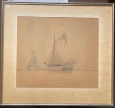 Watercolour Boat Ship Unreadable Signed Shore Lake Impressionist Um 1900 Port