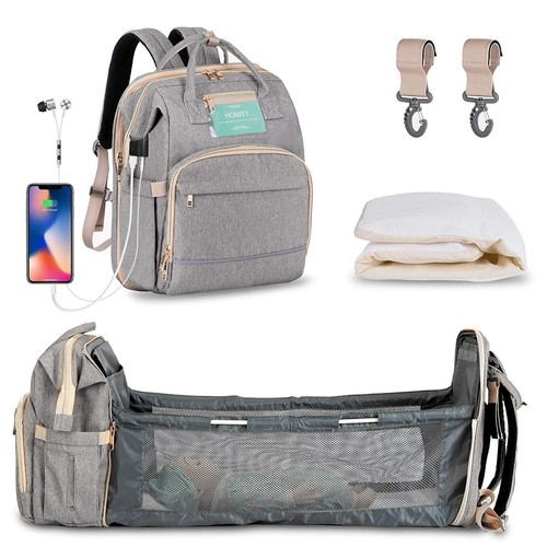 NEW Homity HM18-G Diaper Bag 3-in-1 Backpack Folding Crib Changing Station Grey - Picture 2 of 10