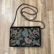 Vintage 50s Zardozi Floral Embroidered Black Velvet Shoulder Bag Metallic Strap