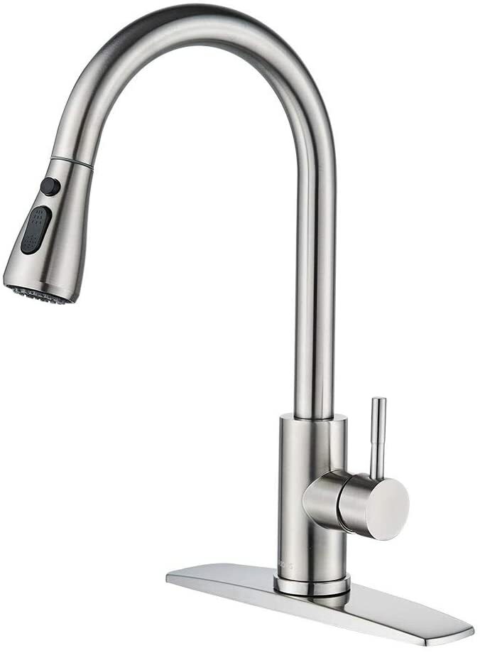 WEWE Commercial Kitchen Sink Faucet – Pull-Down Sprayer, Swivel Mixer Tap, Brushed Nickel, High Arc