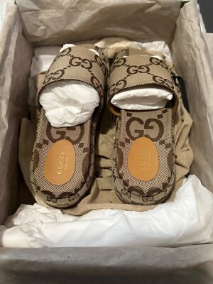 GUCCI SHOES CAMEL AND EBONY MAXI GG CANVAS PLATFORM SLIDE US 9 | eBay