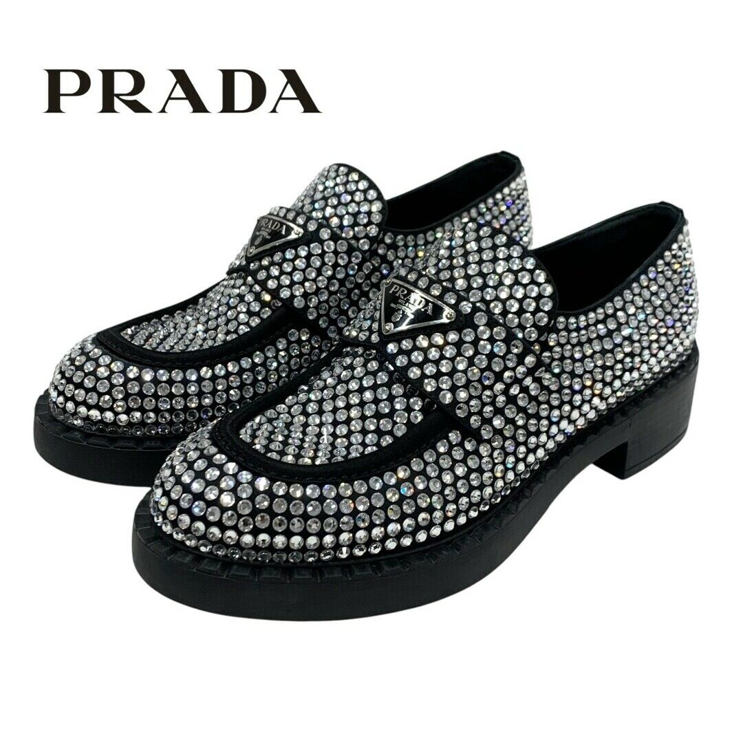 Prada Loafers Leather Shoes Shoe Satin Black Crystal Prada Loafers Leather Shoes Shoe Satin Black Crystal