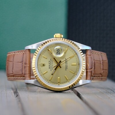 Rolex Mens Datejust 16233 Gold & Steel Champagne Dial Leather Band