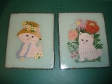 Lot of 2 Hand Painted Cat Picture on Glass Wall Decor Painting 6"x7"