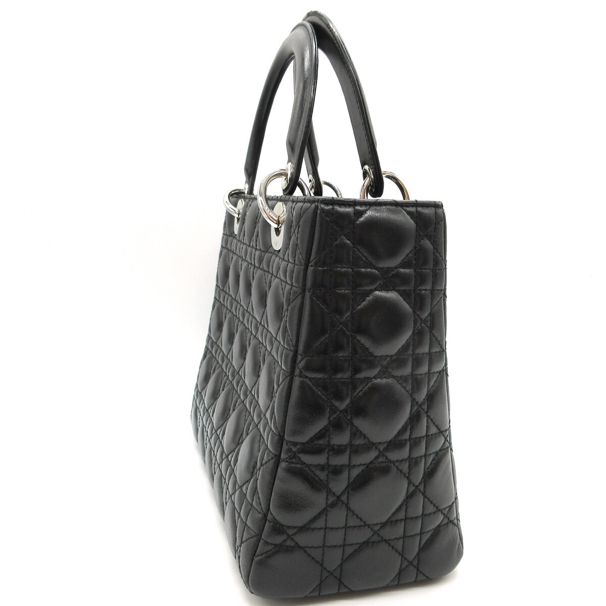 CHRISTIAN DIOR Lady Cannage Hand Tote Bag Leather Black Silver