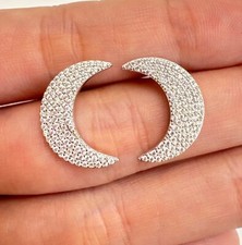 Sterling Silver 925 Crescent Moon CZ Crystal Stud Earrings .75" Length