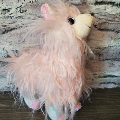 HOBBY LOBBY Fuzzy Pink Llama Aplaca Stuffed Plush Animal with Sequins Feet 12 in
