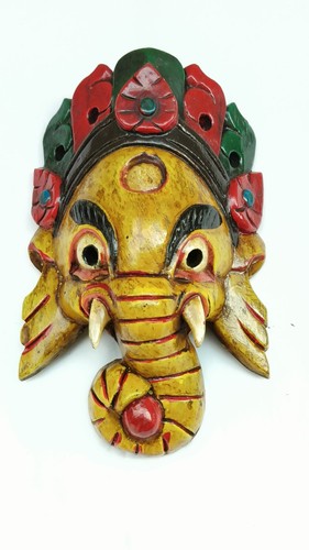 Hindu God Ganesh Wooden handpainted Mask Wall Hanging Handmade in Nepal 9 " - Picture 3 of 10