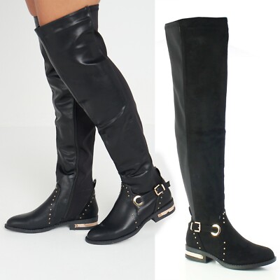 Overknee-Stiefel Damen Frauen Stretch Overknee flach Reißverschluss niedriger Absatz Schuhe