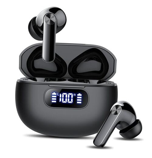 2025 Bright Black Wireless Earbuds with Bluetooth 5.3 & LED Power Display