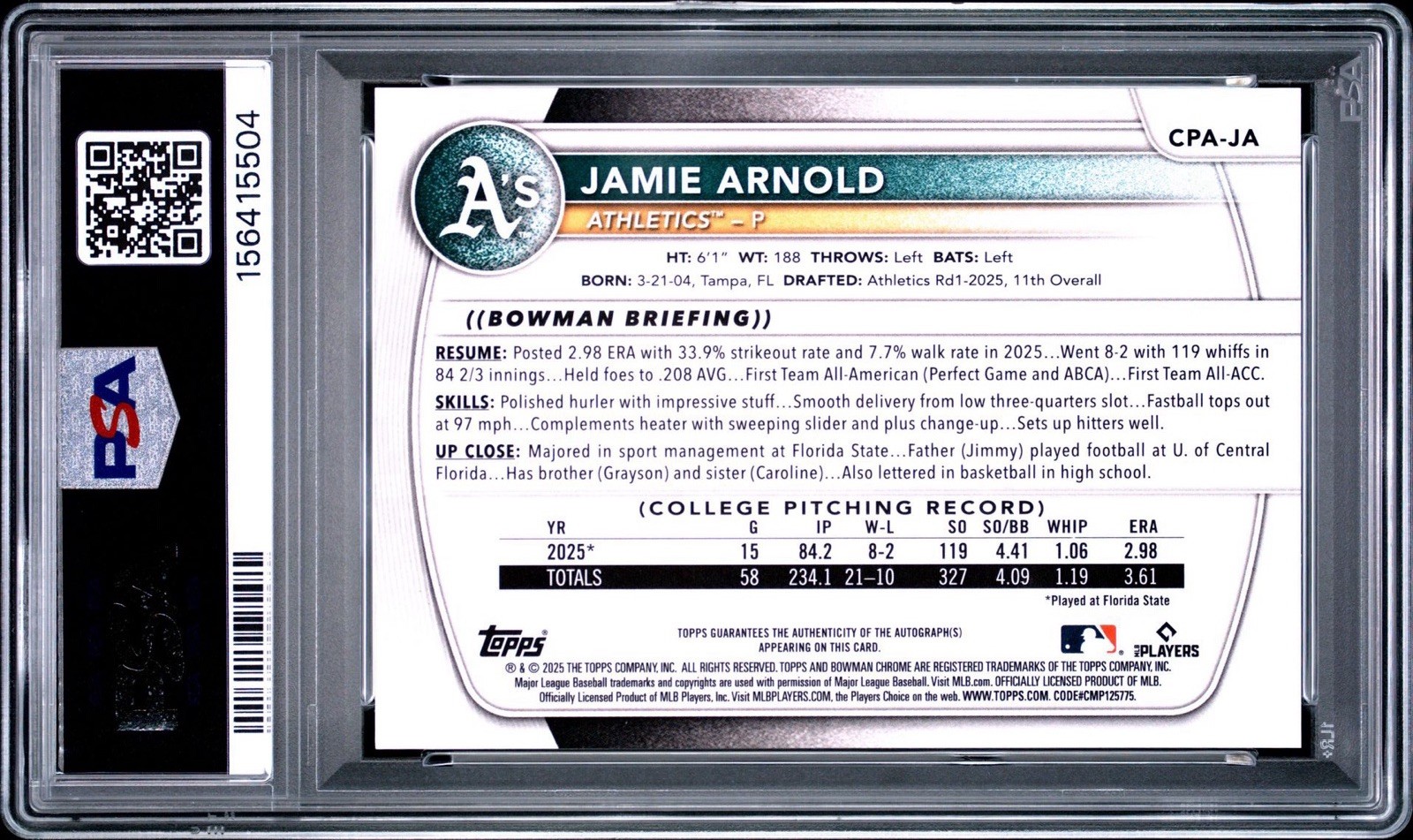 2025 BOWMAN DRAFT #CPA-JA JAMIE ARNOLD CHROME PROSPECT AUTOGRAPH PSA 9