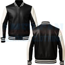 Men’s Black & White Leather Varsity Jacket Classic Bomber | Premium College Coat