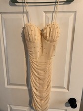 Windsor Beige Midi Bodycon Dress Sweetheart Ruched Mesh Beaded Strappy S