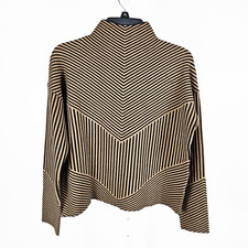 Tahari Medium Chevron Stripped Black Tan Mock Neck Sweater