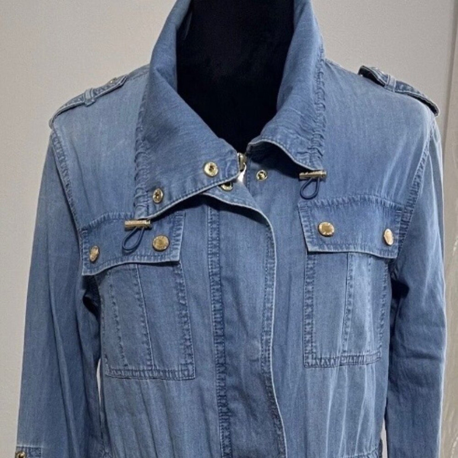 Michael Michael Kors denim mid-length drawstring Safari coat, Sz M!