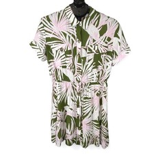 LOFT Womens Green Pink Tropical Palm Leaf Print Button Front Shirt Dress Medium