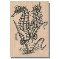 Sello de goma montado en madera, caballitos de mar, océano, mar, playa, sirena, peces, agua, planta