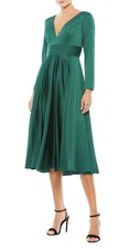 Mac Duggal Long Sleeve Plunge Neck Cocktail Midi Dress In Emerald Green Style 67