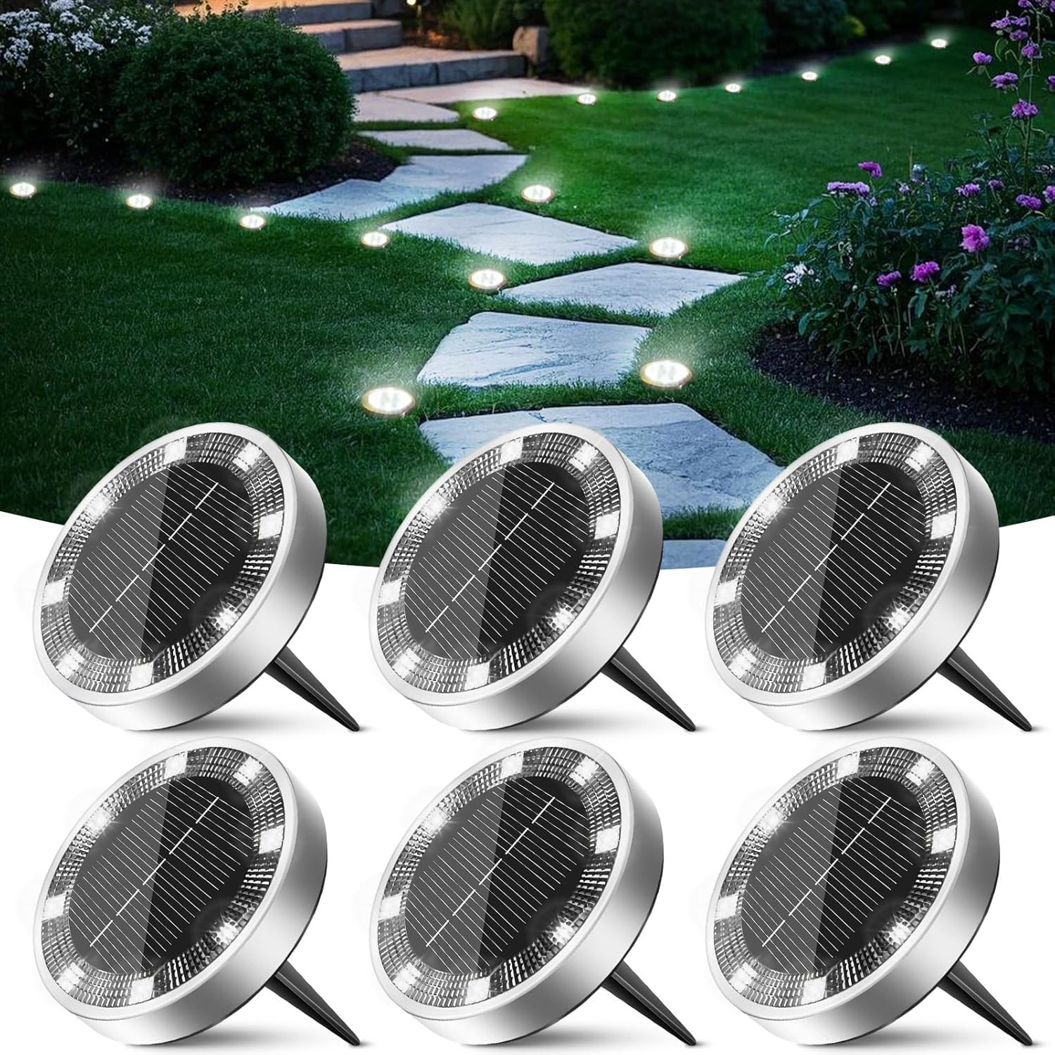 Set 6 Faretti Solari 8 LED Esterno - Illuminazione Segnapasso IP65 Acciaio